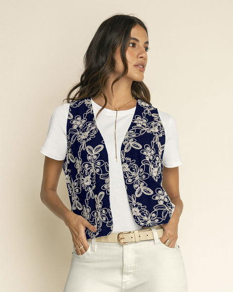 Chaleco sin mangas abierto en tela bordada#color_c42-azul-oscuro