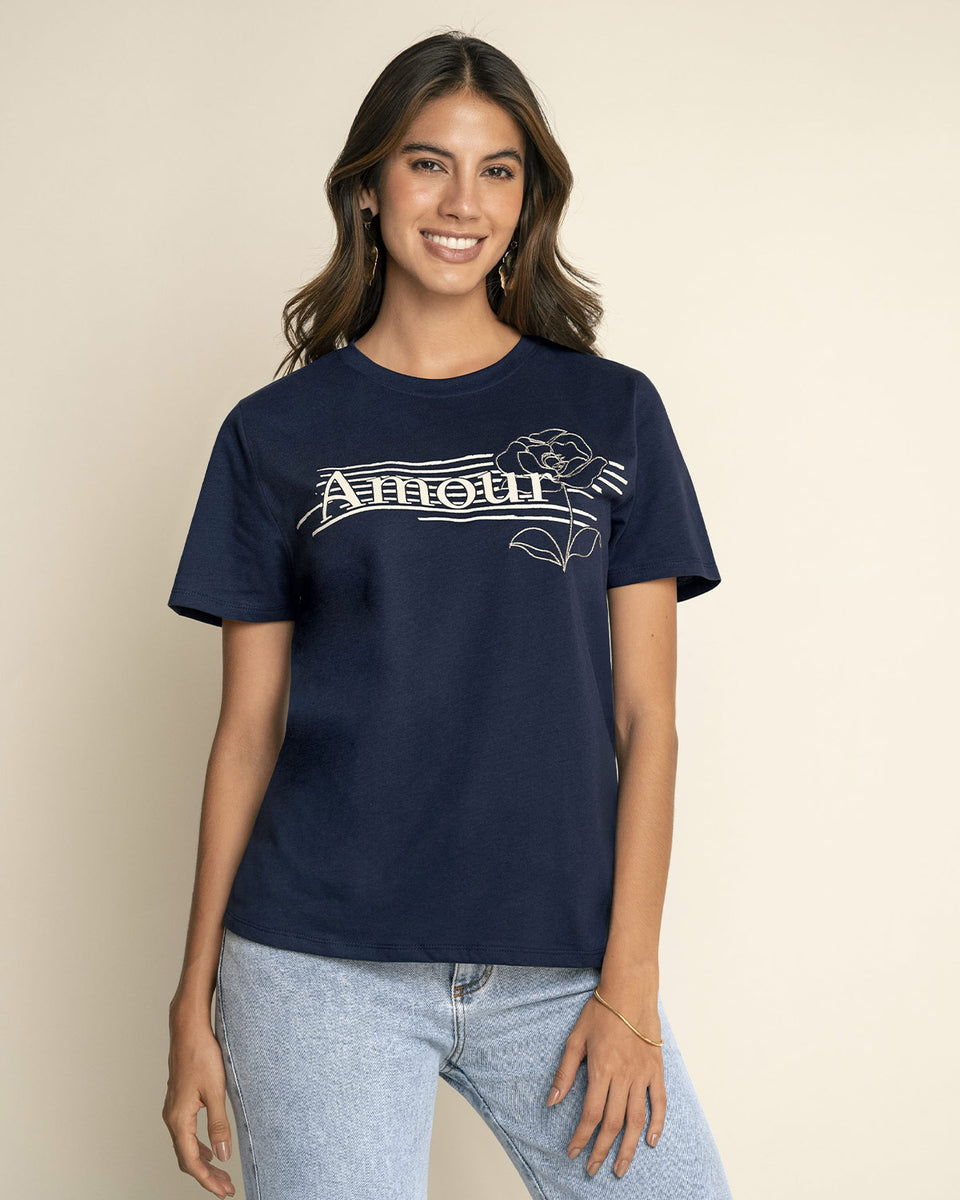 Blusa manga corta en algodón con estampado en frente