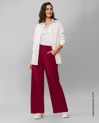 Pantalón sporty bota ancha con elástico en cintura#color_349-vino