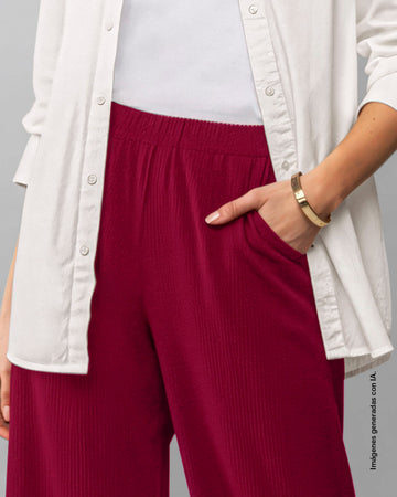 Pantalón sporty bota ancha con elástico en cintura#color_349-vino