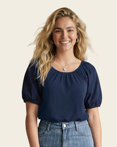 Blusa con escote redondo y mangas con volumen#color_c42-azul-osc