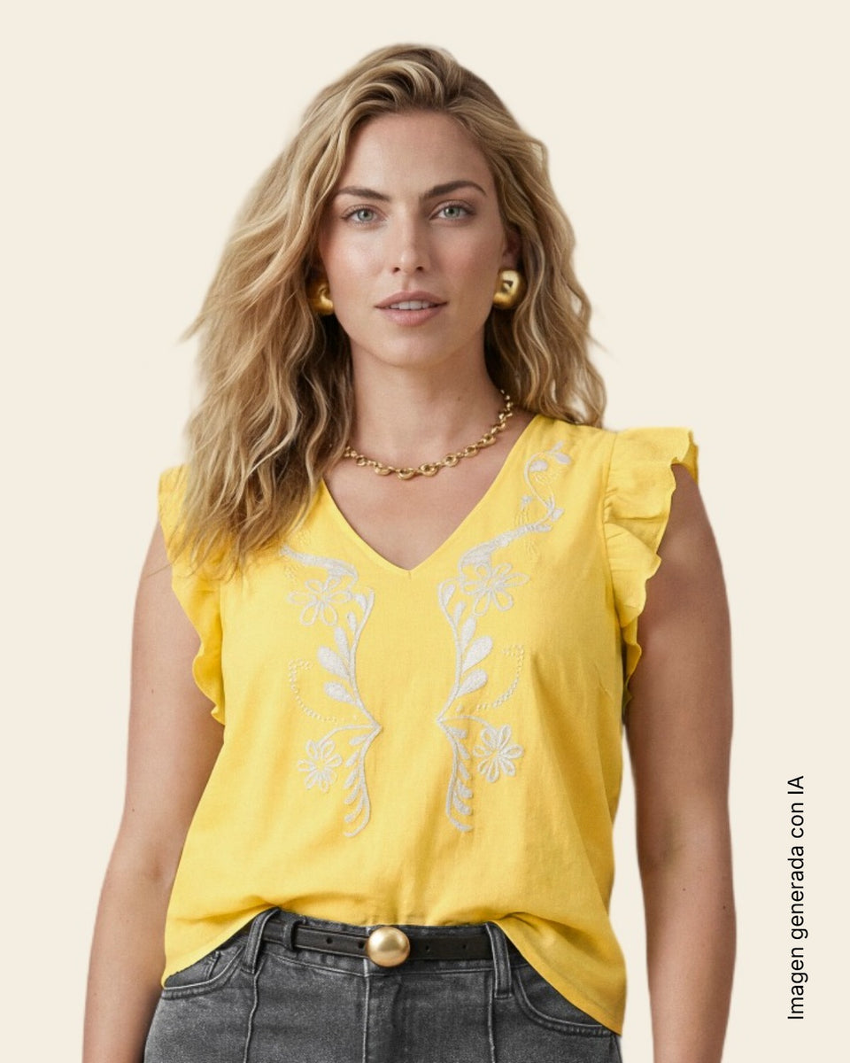 Blusa de mangas con vuelo y estampado localizado