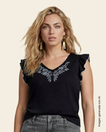 Blusa de mangas con vuelo y estampado localizado#color_700-negro