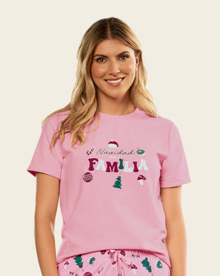 Blusa manga corta de pijama para mujer con estampado de navidad#color_c68-rosado