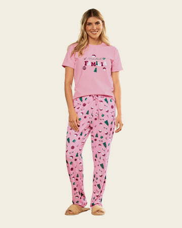 Blusa manga corta de pijama para mujer con estampado de navidad#color_c68-rosado