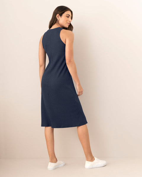 Vestido midi cuello alto en rib#color_024-azul-oscuro