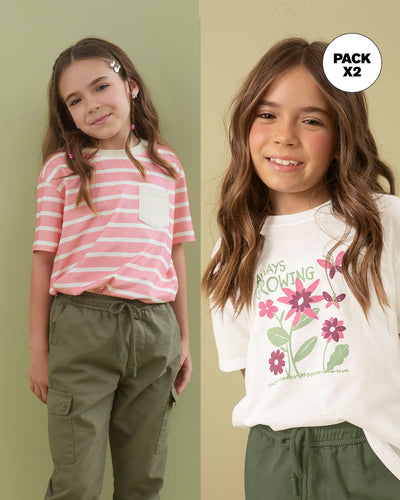 Paqueta x2 camisetas manga corta infantiles#color_s01-rayas-rosas-estampado-flores