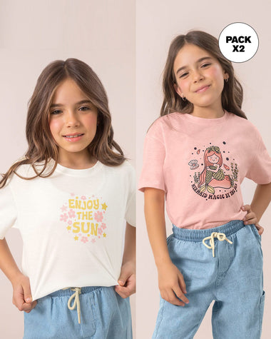 Paquete x2 blusas manga corta para niña#color_s03-rosado-sirena-y-marfil-flores