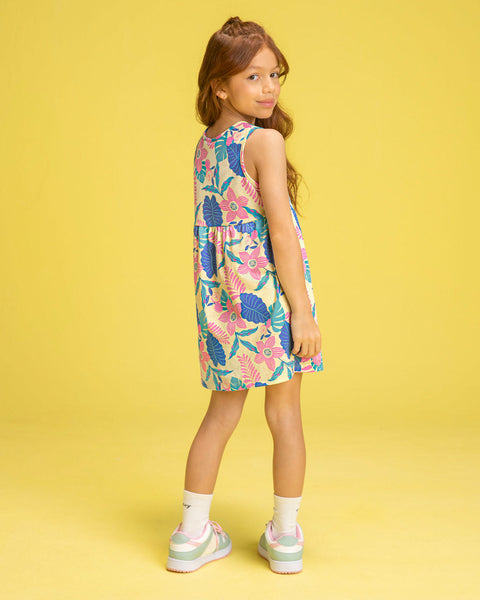 Vestido corto sin mangas estampado para niña#color_145-estampado-tropical