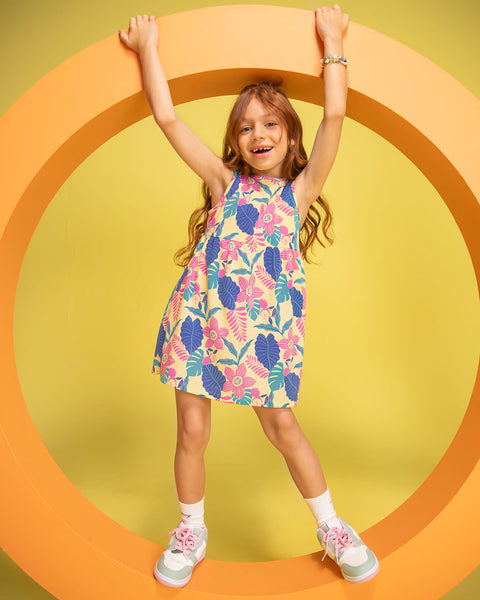 Vestido corto sin mangas estampado para niña#color_145-estampado-tropical