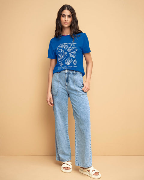 Blusa en algodón manga corta con estampado localizado#color_169-azul
