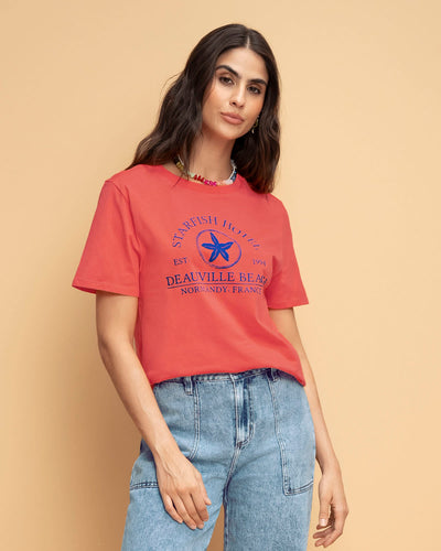 Blusa en algodón manga corta con estampado localizado#color_279-coral