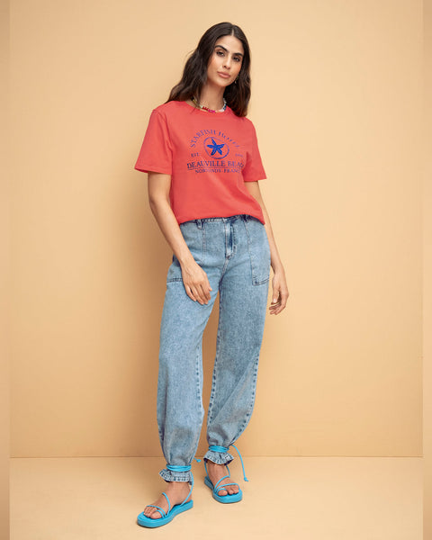 Blusa en algodón manga corta con estampado localizado#color_279-coral