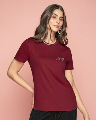 Blusa en algodón manga corta con estampado localizado#color_349-vino