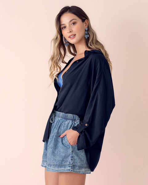 Blusa manga larga abotonable con charreteras en mangas#color_024-azul-oscuro