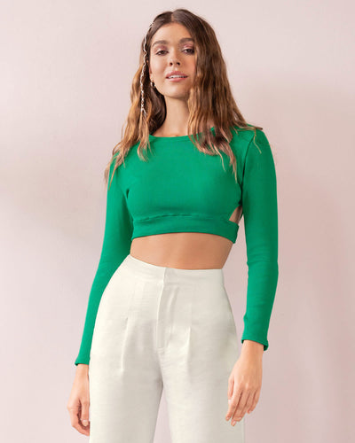 Blusa crop top manga larga con detalle de corte en los laterales#color_063-verde