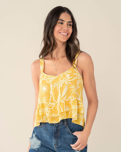 Blusa tiritas con escote en V y boleros en ruedo#color_952-amarillo-estampado