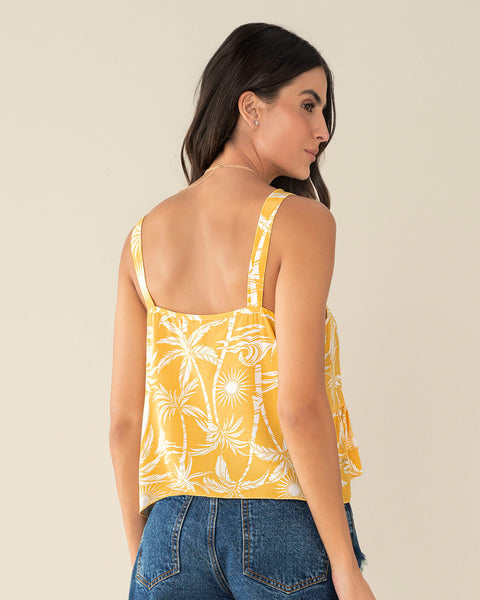 Blusa tiritas con escote en V y boleros en ruedo#color_952-amarillo-estampado