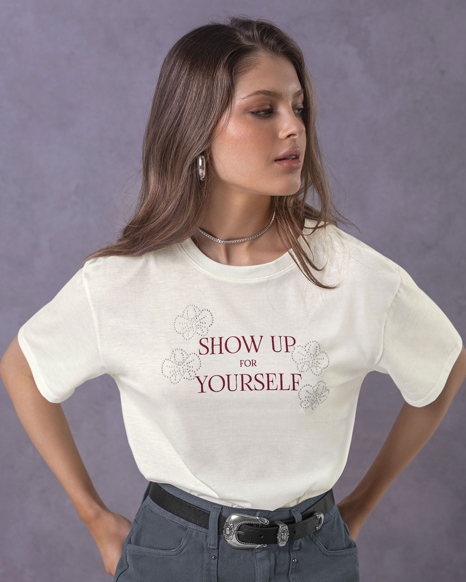 Blusa manga corta estampada con cuello redondo en rib