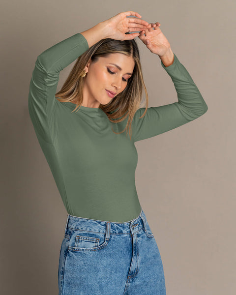 Blusa manga larga con puños y cuello redondo#color_198-verde