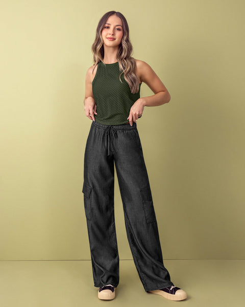 Crop top sin  mangas con malla superpuesta#color_198-verde-militar