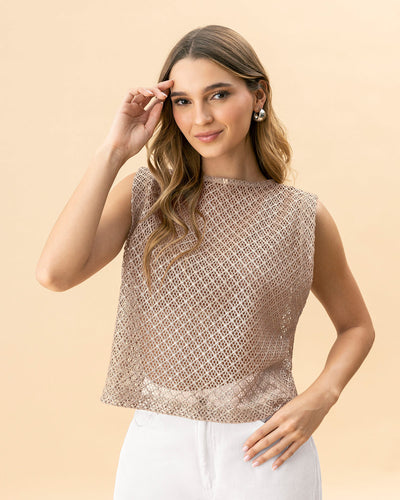 Chaleco sin mangas en tela con brillo#color_084-arena