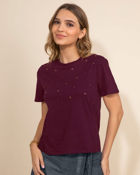 Blusa manga corta con ojales metálicos#color_c37-vino-borgona