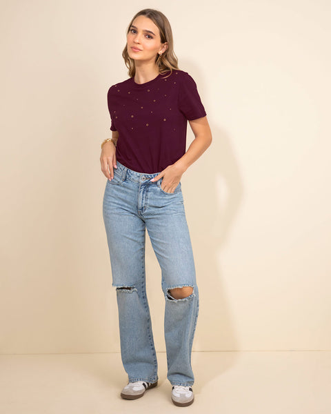 Blusa manga corta con ojales metálicos#color_c37-vino-borgona