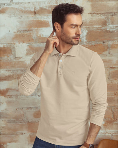 Camiseta tipo polo manga larga con logo bordado en frente#color_606-arena