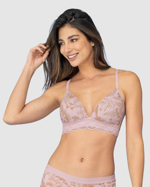 Brasier escote profundo ultra cómodo con encaje en la base y espalda#color_814-rosa-estampado