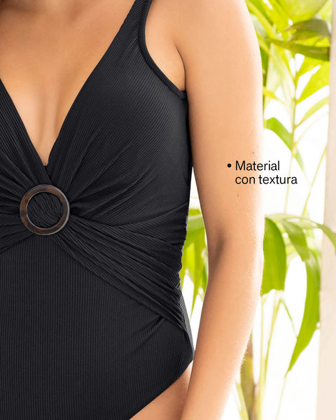 Traje de baño de control de abdomen con textura acanalada#color_700-negro