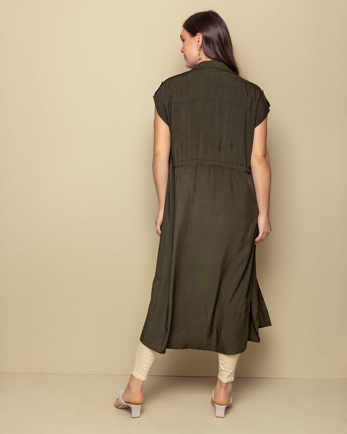 Vestido largo con aberturas laterales y tira para amarrar en cintura#color_601-verde-militar