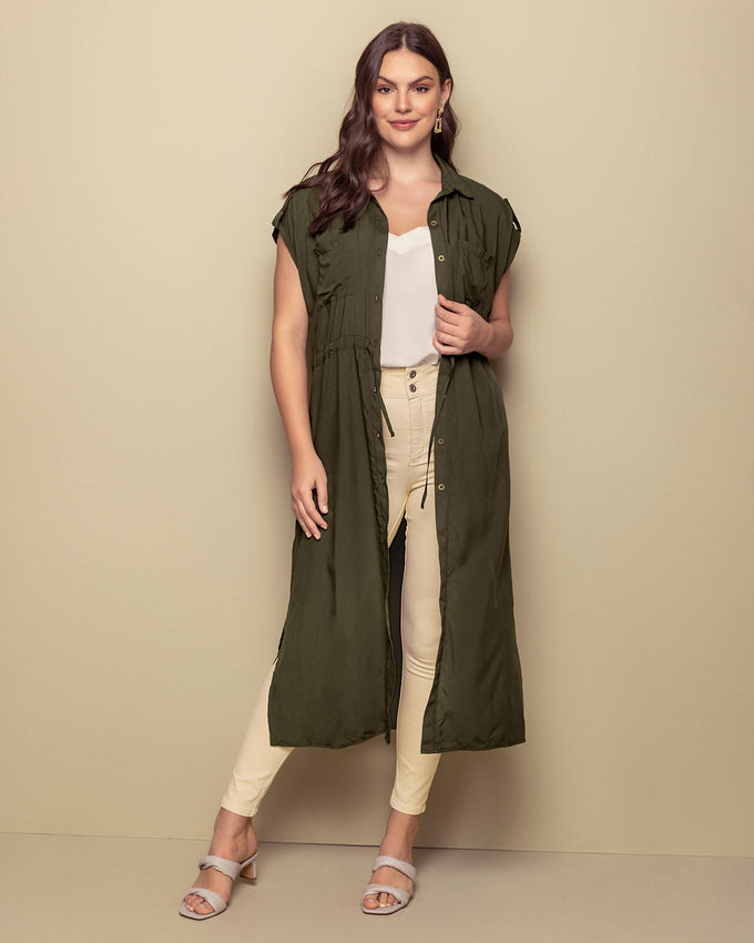Vestido largo con aberturas laterales y tira para amarrar en cintura#color_601-verde-militar