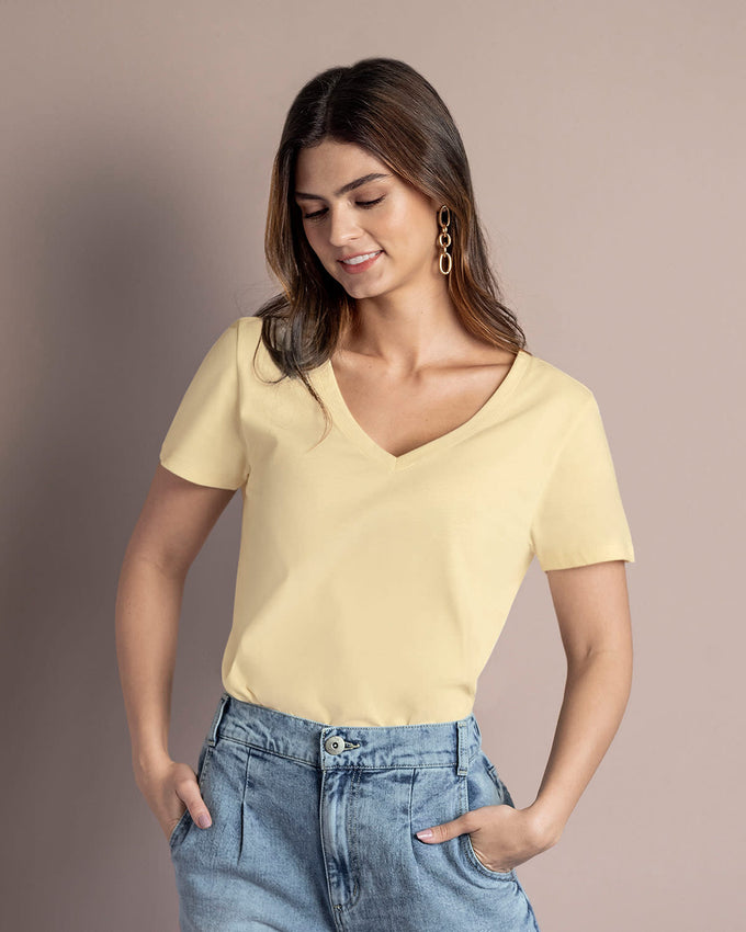 Blusa manga corta cuello en v elaborada en algodón#color_111-amarillo-claro