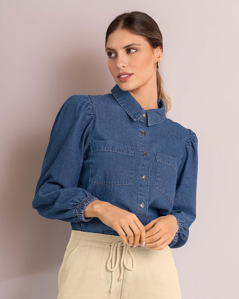 Blusa manga larga con perilla y bolsillos funcionales#color_141-indigo