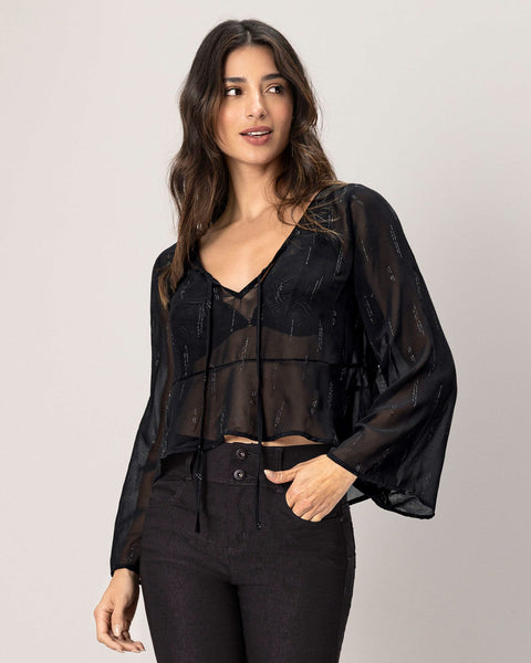 Blusa manga larga con tela en transparencias#color_700-negro