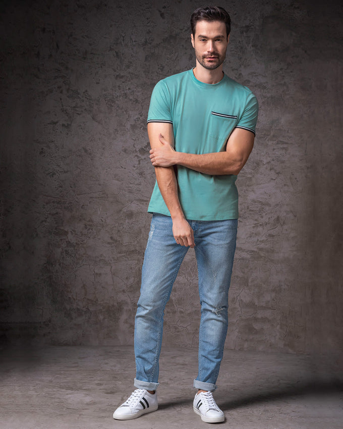 Camiseta manga corta con puños tejidos#color_022-azul-claro